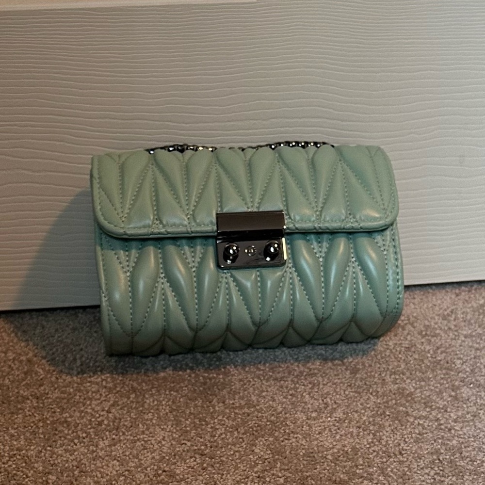 Mint Green Pleated PU Leather Gun Metal Chain Shoulder Bag NWOT
